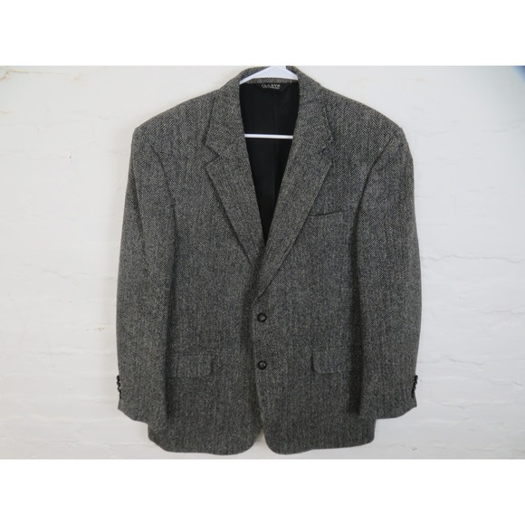 Jos A Bank Harris Tweed Blazer Mens 44R Gray Herringbone Wool Sport Coat Classic